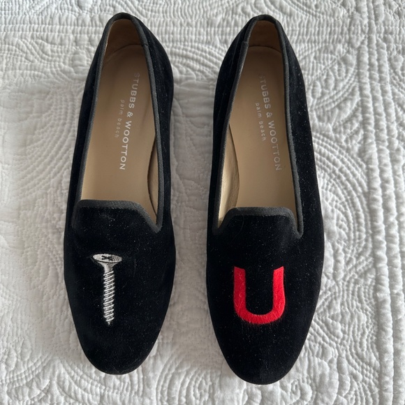 Stubbs & Wootton Screw You (College) Black Velvet Slippers Ladies 7 - Picture 2 of 10